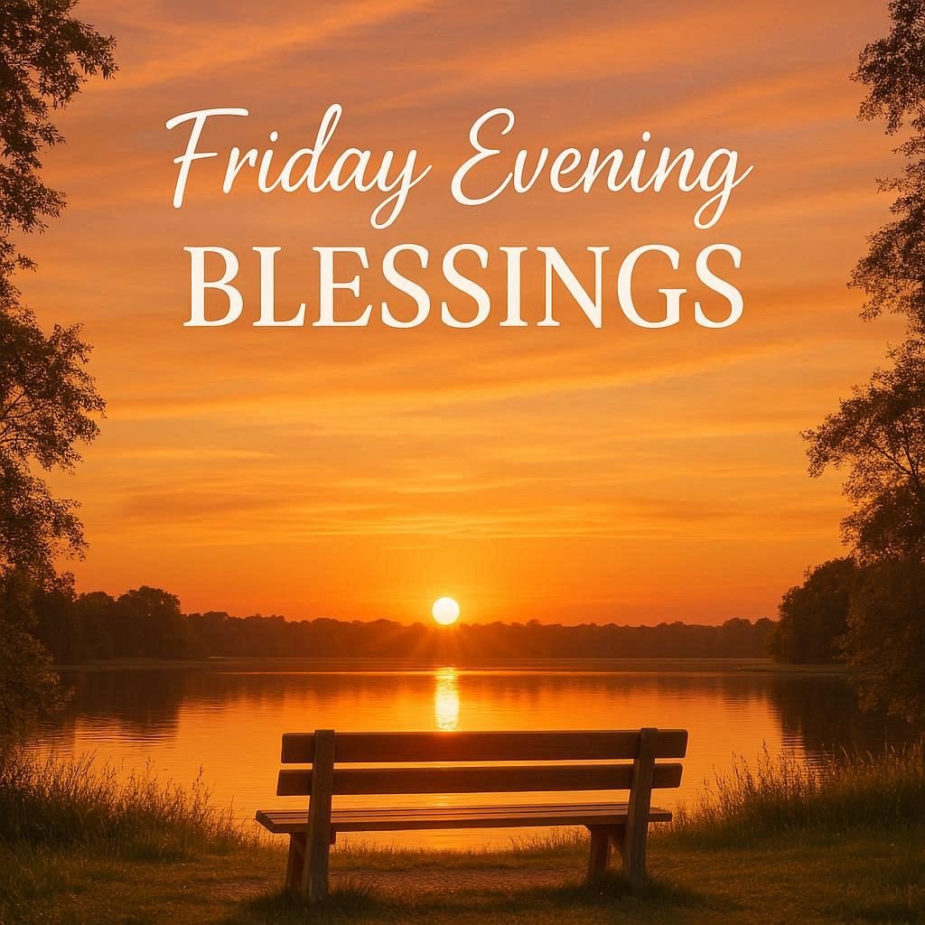 “A peaceful Friday evening with a glowing sunset sky, soft golden light, and text saying Friday Evening Blessings.”